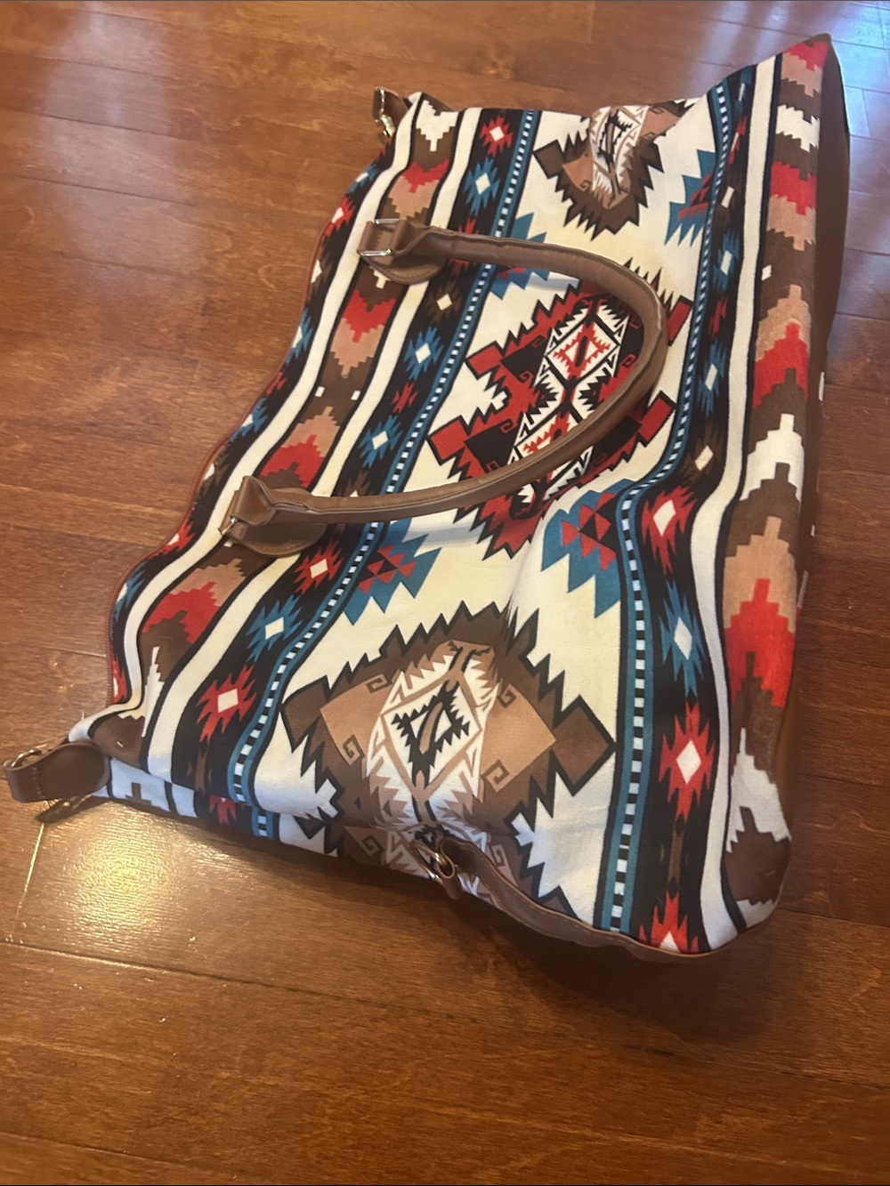 Southwestern Print Tote Bag with Brown Trim